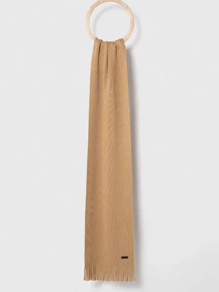 Шерстяной однотонный шарф Boss бежевый