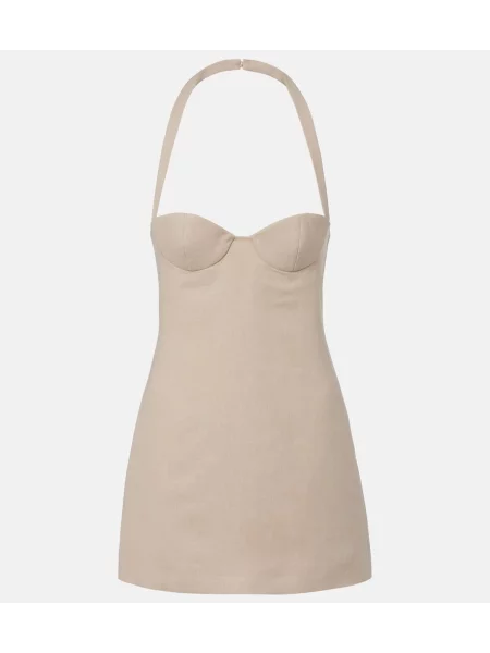 Lněné šaty Magda Butrym s výstřihem halter béžové