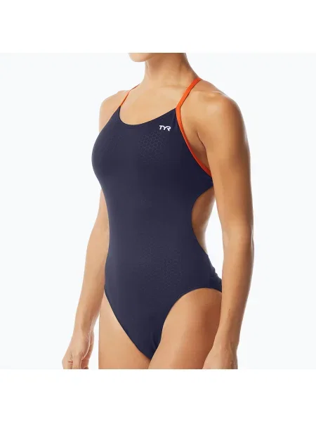 Női egyrészes fürdőruha TYR Hexa Cutoutfit navy/narancssárga. Méret: 38 narancsszínű