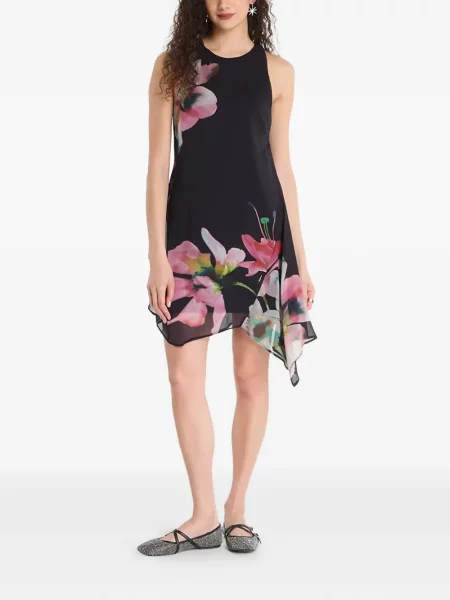 Rochie mini Desigual cu model floral cu imagine asimetrică negru