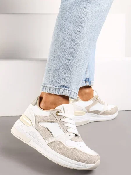 Beżowo-Białe Sneakersy na Niskim Koturnie z Materiałowymi Wstawkami Aquamarine białe