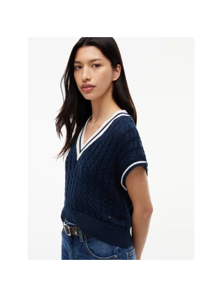 Mikina Tommy Jeans s výstrihom do v modrá