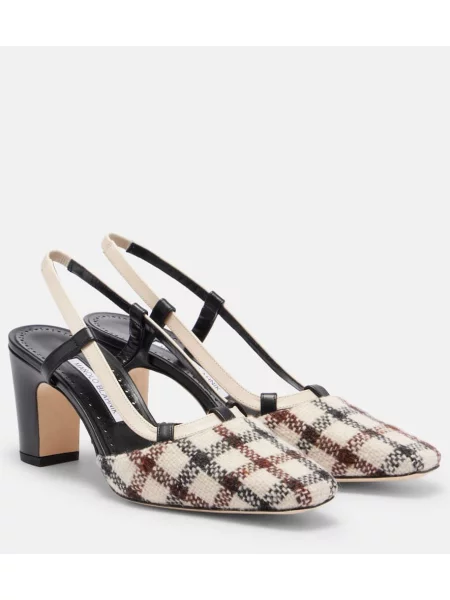 Pantofi cu toc Manolo Blahnik în carouri slingback alb