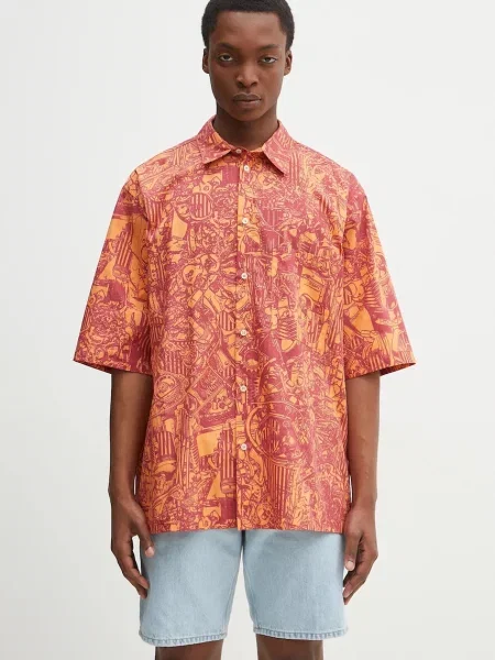 Marcelo Burlon cămașă din Aop Mech Bowling Shirt Orange Burgundy bărbați cu guler clasic relaxed portocaliu