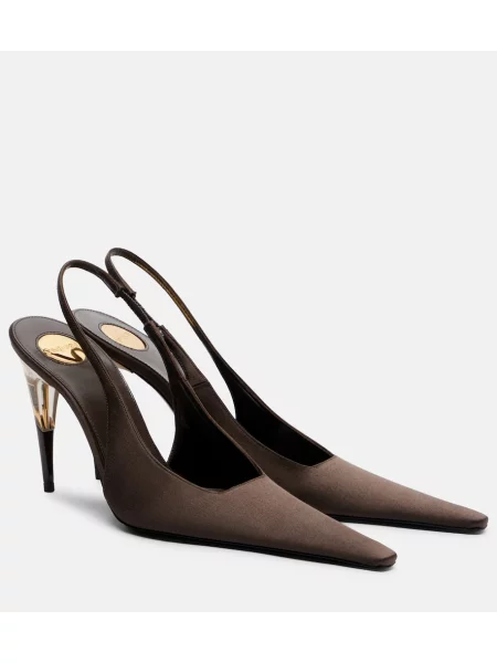 Pantofi cu toc Saint Laurent din satin slingback maro