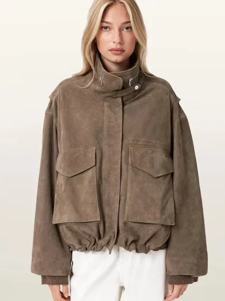 AllSaints kurtka przejściowa zamszowa brązowa