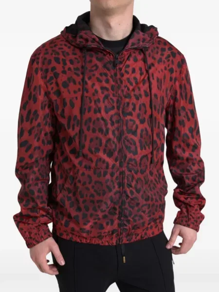 Geacă Dolce & Gabbana cu glugă cu imagine cu model leopard roșu