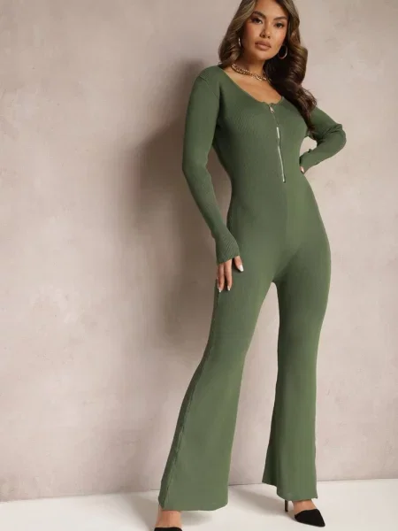 Kombinezon Bodycon z Prążkowanej ze Spodniami Typu Dzwony i Suwakiem Lavirna zielony