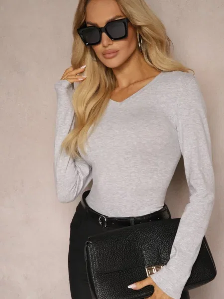Jasnoszara Bluzka Typu Longsleeve z Dekoltem w Kształcie Litery V Miavelle szara