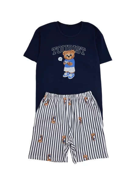 Trendyol Pijama scurtă bleumarin / albastru deschis / brocart alb