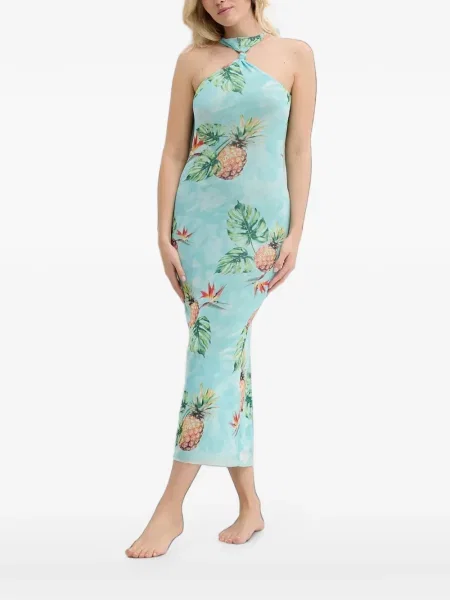 Rochie midi Desigual cu imagine cu imprimeu tropical plasă albastru