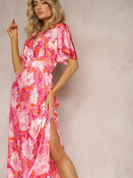 Rochie Satin cu Decolteu Petrecut Maneci Largi si Croi Clos Karlemia roz