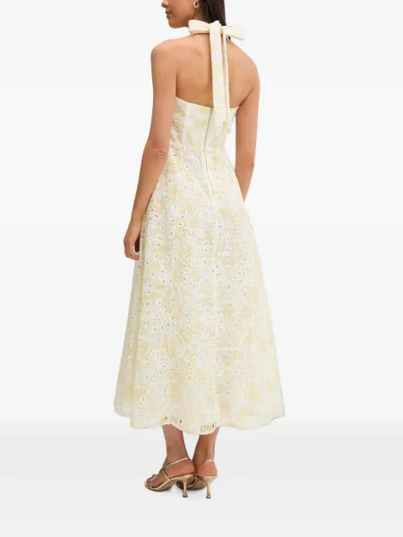 Rochie midi Bardot cu broderie cu model floral galben