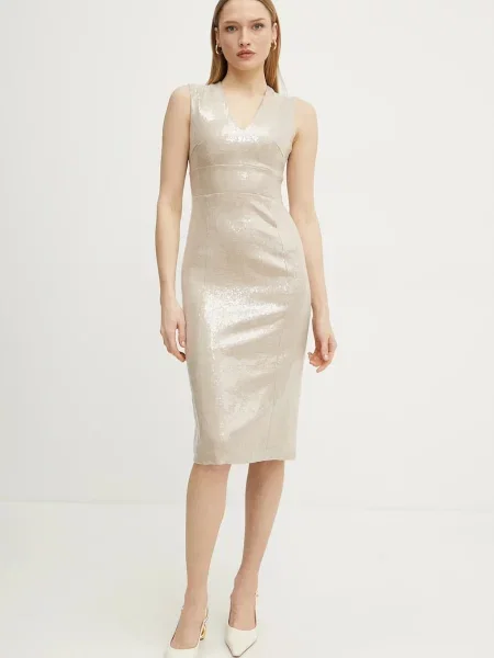 Silvian Heach rochie din amestec de in PORIM midi mulata bej