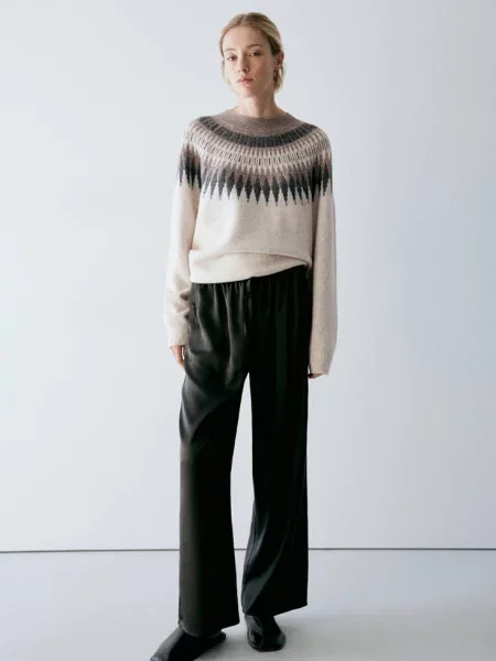 Sweter z dzianiny żakardowej z okrągłym dekoltem średni Kobieta M MANGO brązowy