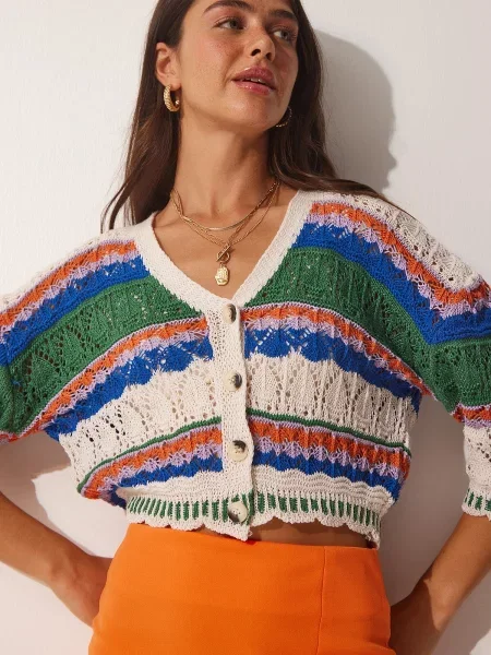 Fericire İstanbul femei crema verde dungi deschise tricotaje Cardigan albastru