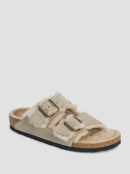 Birkenstock klapki zamszowe Arizona Shearling beżowe