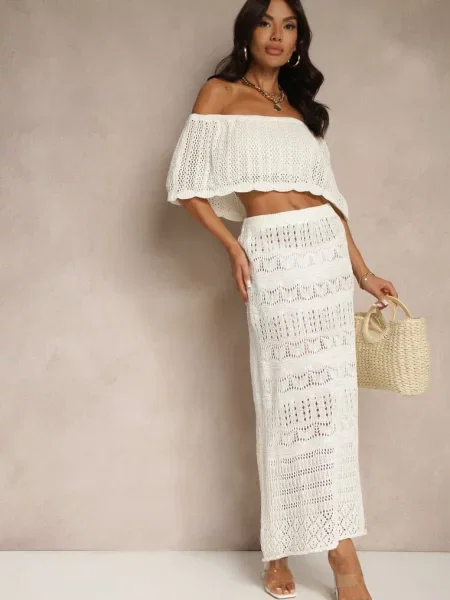 Jasnobeżowy Ażurowy Komplet z Bawełną Spódnica i Top z Hiszpańskim Dekoltem Folanea beżowa