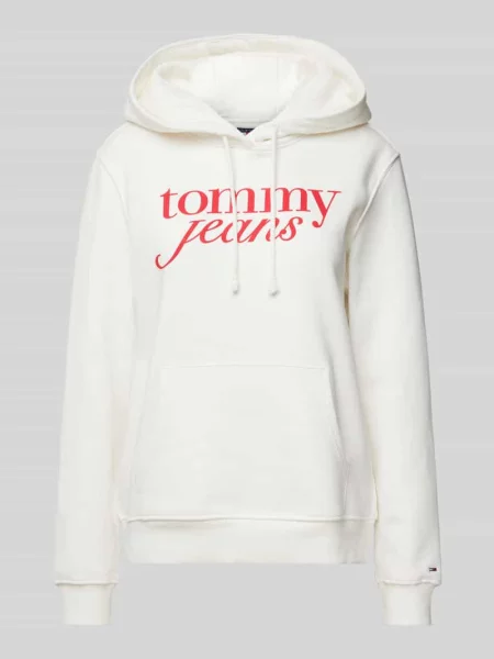 Tommy Jeans bluza beżowy z kapturem z nadrukiem białe