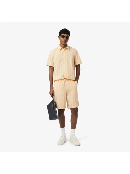 Lacoste Koszula Z Krótkim Rękawem W Paski Regular Fit pomarańczowa