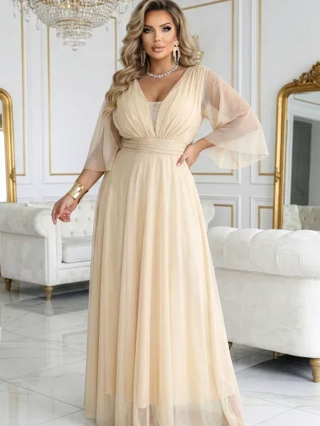 Długa sukienka maxi Numoco Basic garniturowa beżowa