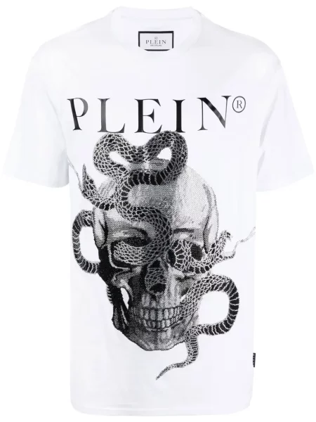 Tricou Philipp Plein cu imagine cu model piele de șarpe scurt alb