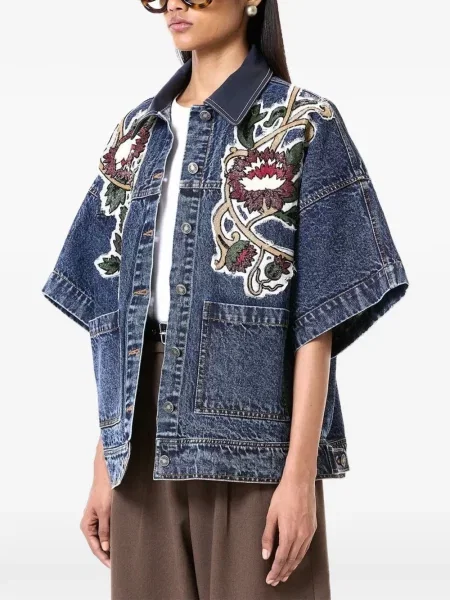 Gulerat geacă de blugi Dhruv Kapoor din piele cu model floral albastru