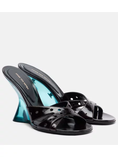 Papuci tip mules Dries Van Noten din piele cu pană de lac bordo