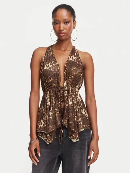 Juicy Couture halter bluza za žene ABSTRACT ANIMAL MESH HALTER TOP smeđa