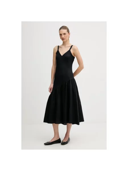 Lniana sukienka midi Dkny z dekoltem w serek z falbankami czarna