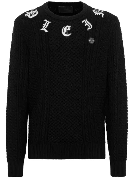 Pulover Philipp Plein cu broderie din cașmir negru