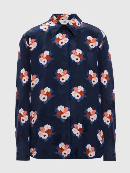 Блуза із шовку в квітковий принт Fendi синя