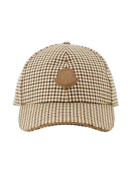 Czapka z daszkiem Moncler wełniana w kratę brązowa