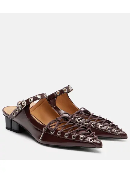 Papuci tip mules Ganni cu șireturi din dantelă bordo