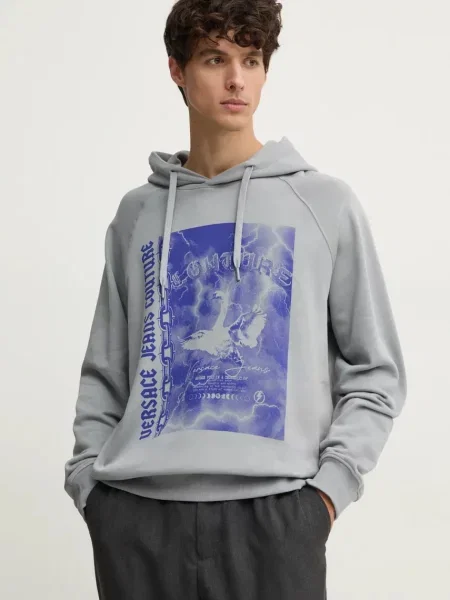 Bombažen pulover Versace Jeans Couture s kapuco siva