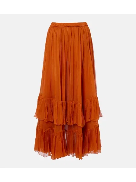 Fusta maxi Saint Laurent de mătase cu volane portocaliu