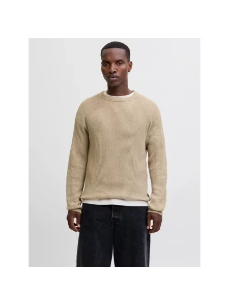 Sweter z dzianiny z okrągłym dekoltem model ‘PANNEL’ Jack & Jones beżowy