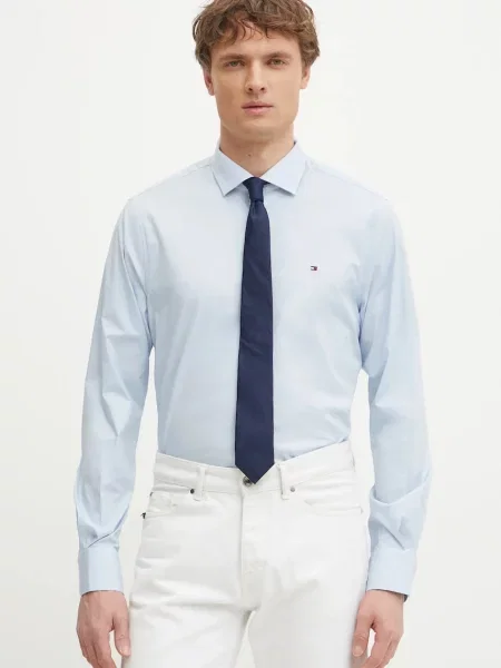 Риза Tommy Hilfiger мъжка с кройка по тялото с италианска яка синьо