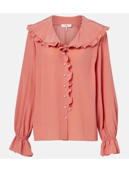 Bluză Chloé de mătase cu volane roz