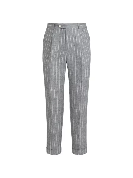 Lněné pruhované plisované kalhoty Brunello Cucinelli šedé