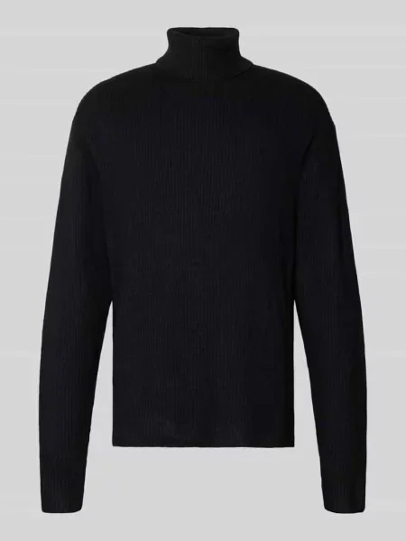 Sweter z dzianiny w efekt prążkowania z golfem Lindbergh czarny