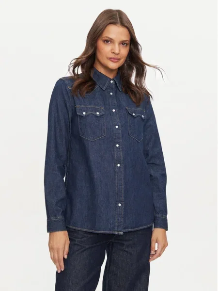 Дънкова риза United Colors of Benetton дамска със стандартна кройка с класическа яка тъмносиньо