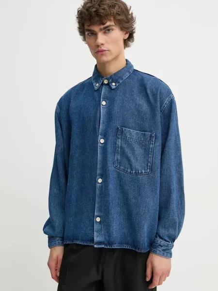 Риза Won Hundred мъжка със свободна кройка с класическа яка тъмносиньо