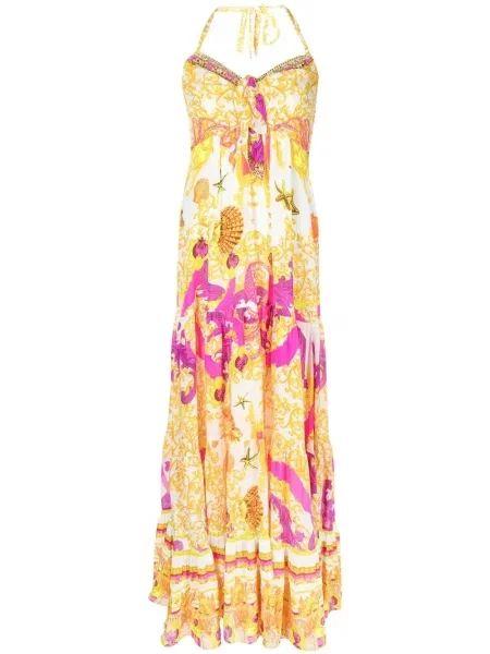 Rochie midi Camilla cu imagine cu gât halter alb