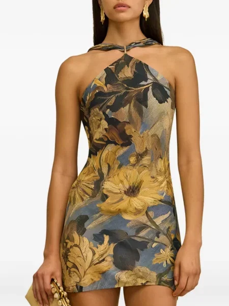 Rochie mini Cult Gaia cu model floral cu imagine cu gât halter galben