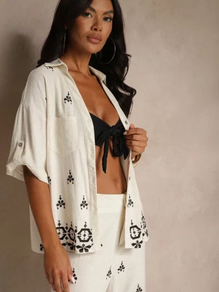 Biało-Czarna Luźna Koszula z Wzorem Boho z Lnu i Karisna biała