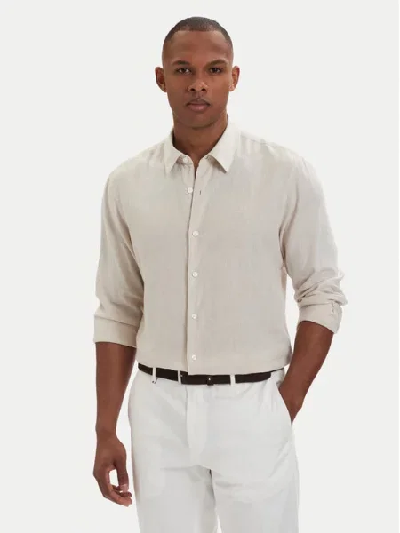 Calvin Klein košulja za muškarce s lanom bež