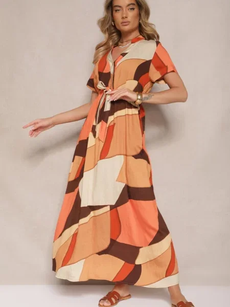 Jasnobrązowa Sukienka Koszulowa z w Geometryczny Print Falintia brązowa