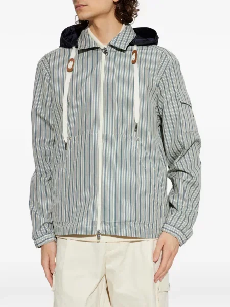 Geacă Moncler cu dungi cu glugă albastru