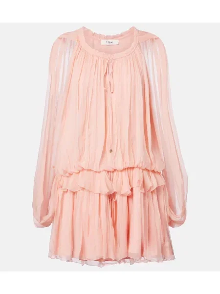 Rochie Chloé de mătase cu volane roz